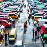amplio estacionamiento con coches de varios colores y personas movilizandose