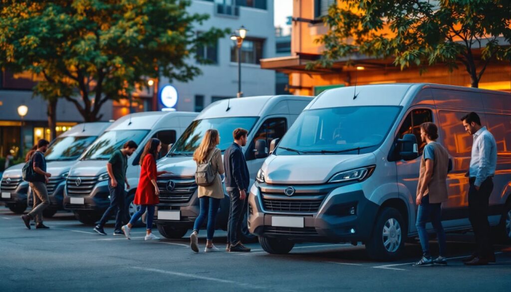 estacionamiento de furgonetas con personas en ambiente urbano