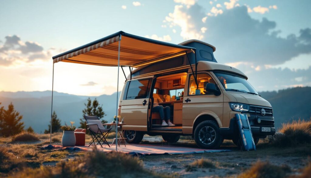 camper con toldo replegado camping montana