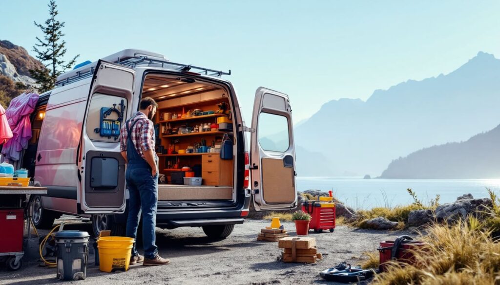 interior de furgoneta camper con barista y accesorios de cafe