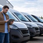 Man using a digital tablet while standing in front of a row of white and black commercial delivery vans in an outdoor lot.
