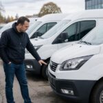 Two men inspecting a row of white second-hand diesel vans in an outdoor commercial vehicle dealership lot.